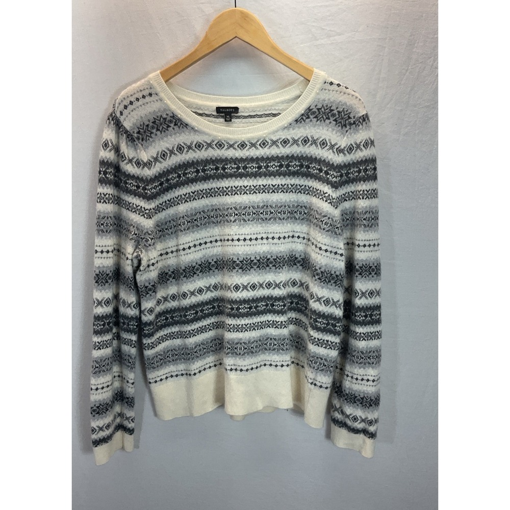 Talbots Fair Isle Wool Blend Grey Ivory Sweater Pearl Accent Winter Ski XL Lodge